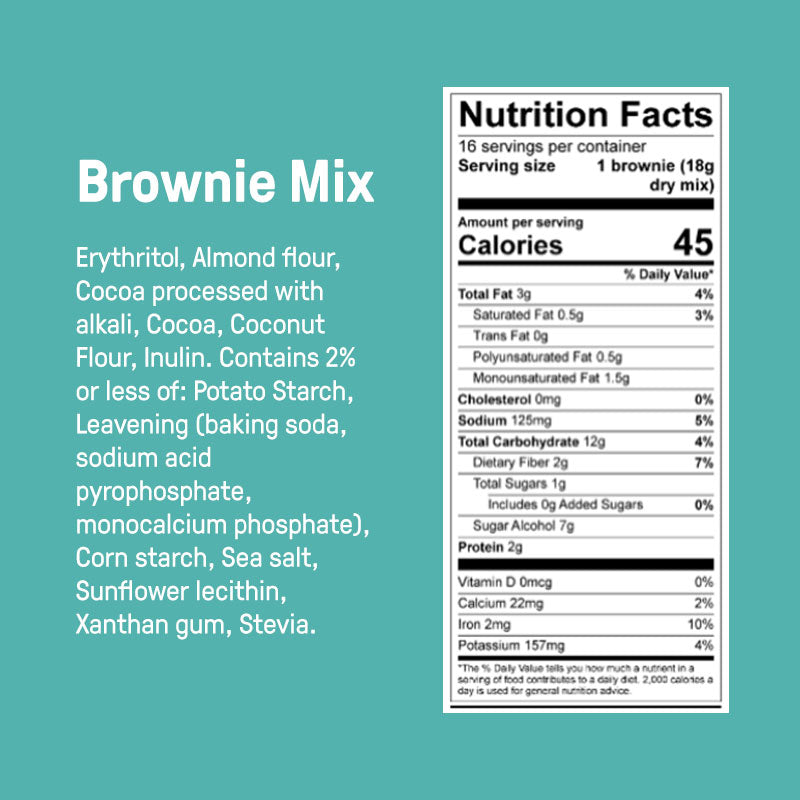 Carbonaut's low carb decadent brownie mix ingredients and Nutrition Facts Panel.