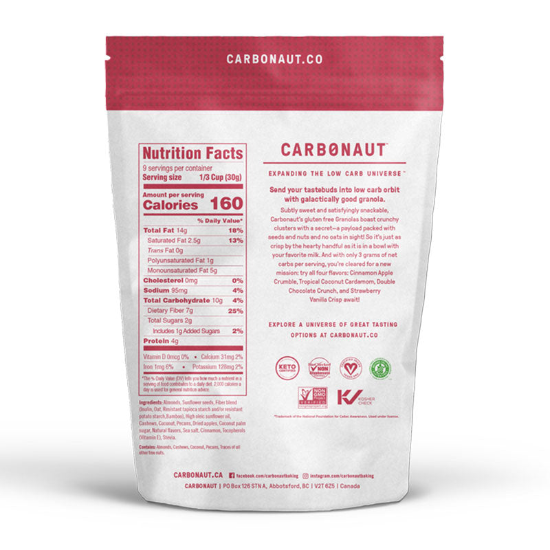Back of pack image for our delicious Low Carb, Gluten Free Cinnamon Apple Crumble Granola!