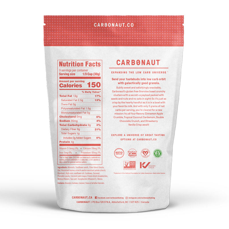 Low Carb Gluten Free Strawberry Vanilla Crisp Granola! back of bag image displaying certifications, ingredients, and Nutrition Facts Panel.