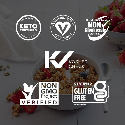Low Carb Gluten Free Strawberry Vanilla Crisp Granola is Keto Certified, Certified Vegan, Biochecked Non Glyphosate Certified, Kosher Check, Non GMO Project Verified, Certified Gluten Free