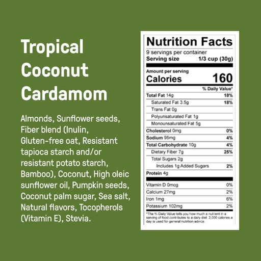 Low Carb Gluten Free Tropical Coconut Cardamom ingredients and Nutrition Facts Panel.