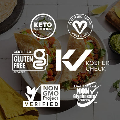These Low Carb Gluten Free Tortillas are Keto Certified, Certified Vegan, Kosher Check, Non GMO Project Verified, Biochecked Non Glyphosate Certified, and Gluten Free Certified. 