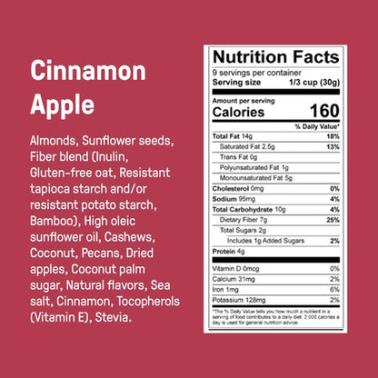 Low Carb Gluten Free Cinnamon Apple Crumble Granola! This image displays the ingredients and Nutrition Facts Panel. 