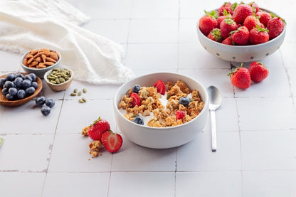 A delicious bowl of low carb, gluten free Strawberry Vanilla Crisp Granola!