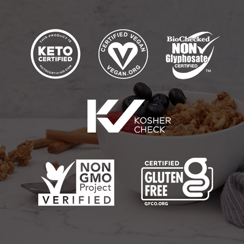 This Low Carb, Gluten Free Granola Variety Pack is keto certified, certified vegan, biohecked Non Glyphosate Certified, Kosher Check, Non GMO Project Verified, and Certified Gluten Free.