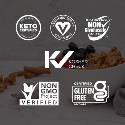 This Low Carb, Gluten Free Granola Variety Pack is keto certified, certified vegan, biohecked Non Glyphosate Certified, Kosher Check, Non GMO Project Verified, and Certified Gluten Free.