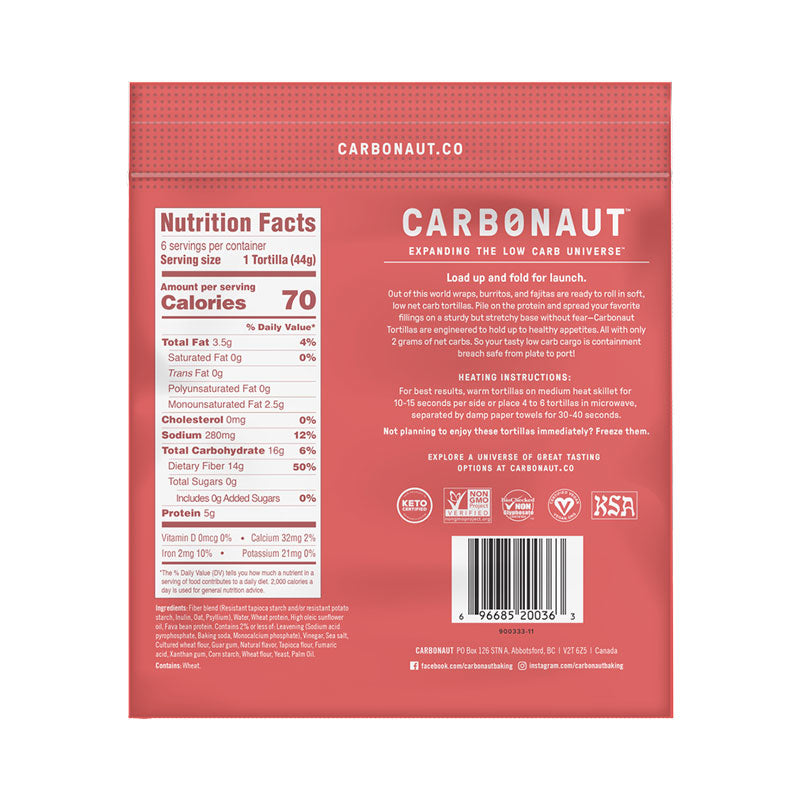 Low Carb Tortillas! Nutrition Facts Panel, directions and Ingredients are displayed on this image. 