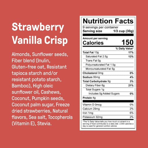 Low Carb Gluten Free Strawberry Vanilla Crisp Granola ingredients and Nutrition Facts Panel. 