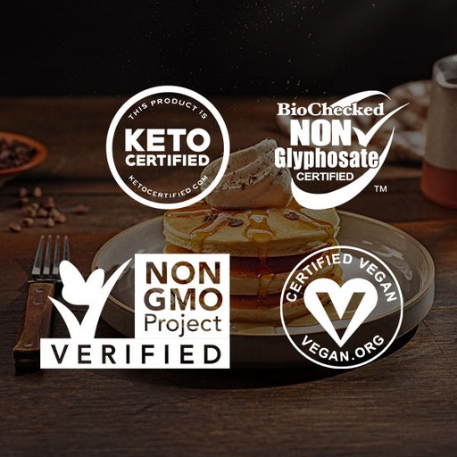 Low Carb Chocolate Chip Pancake and Waffle Mix is Keto Certified, Biochecked Non Glyphosate Certified, Non GMO Project Verified, and Certified Vegan