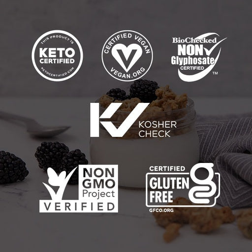 Low Carb Gluten Free Coconut Cardamom Granola is Keto Certified, Certified Vegan, Biochecked Non Glyphosate Certified, Kosher Check, Non GMO Project Verified, Certified Gluten Free