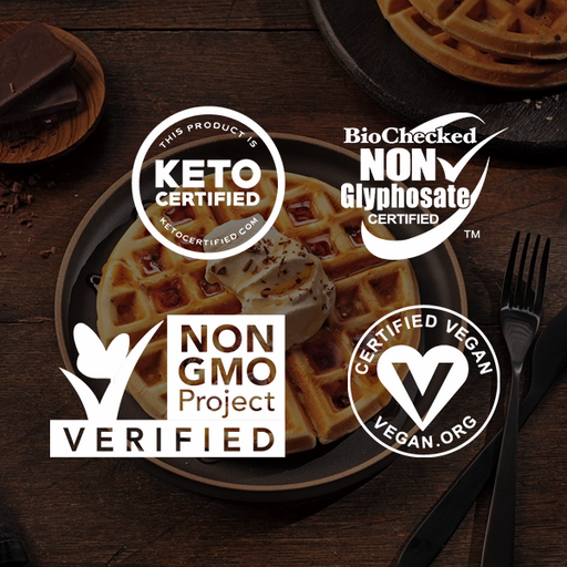 Low Carb Original Pancake and Waffle Mix is  Keto Certified, Biochecked Non Glyphosate Certified, Non GMO Project Verified, Certified Vegan.